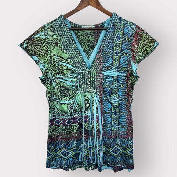 Unity‎ World Wear Blouse Top Women 1X Multicolor Boho Smocked Neckline O76 - Picture 1 of 14